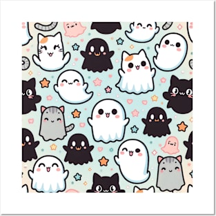 Cute Cat and Ghost Pattern Posters and Art